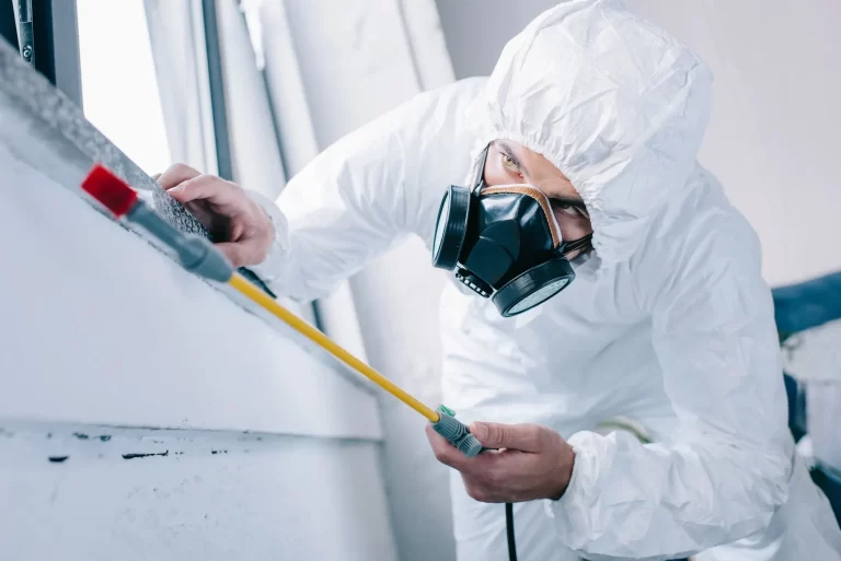 Pest control worker in respirator spraying pesticides